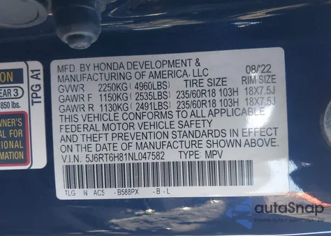 2022 Honda Cr-V Hybrid Ex-L из США, поврежденный, VIN 5J6RT6H81NL047582